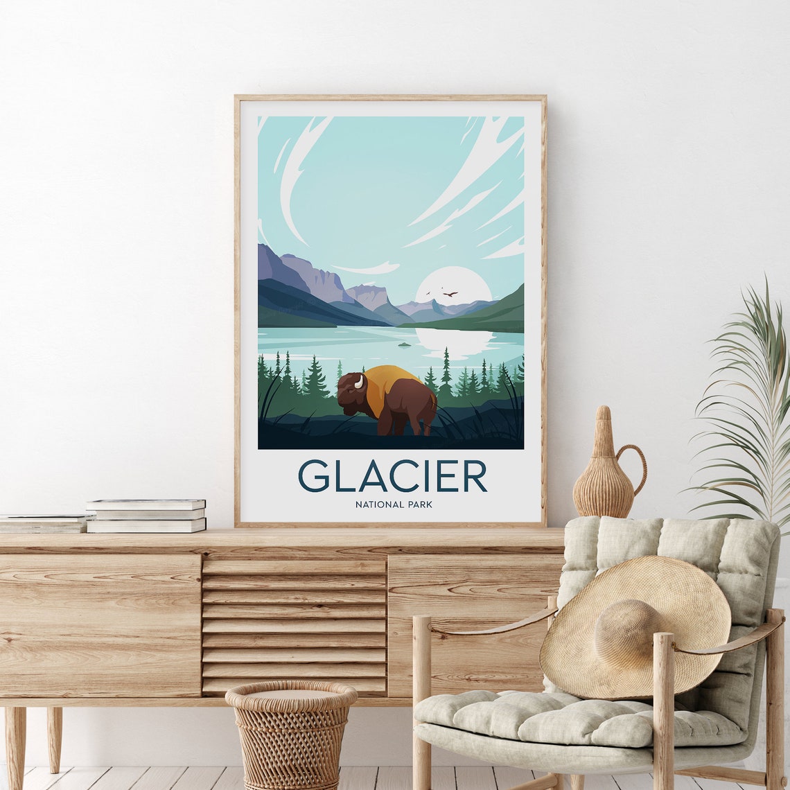 Glacier National Park Bison at Mountain Lake Moonlit Sunset Poster - Image 2