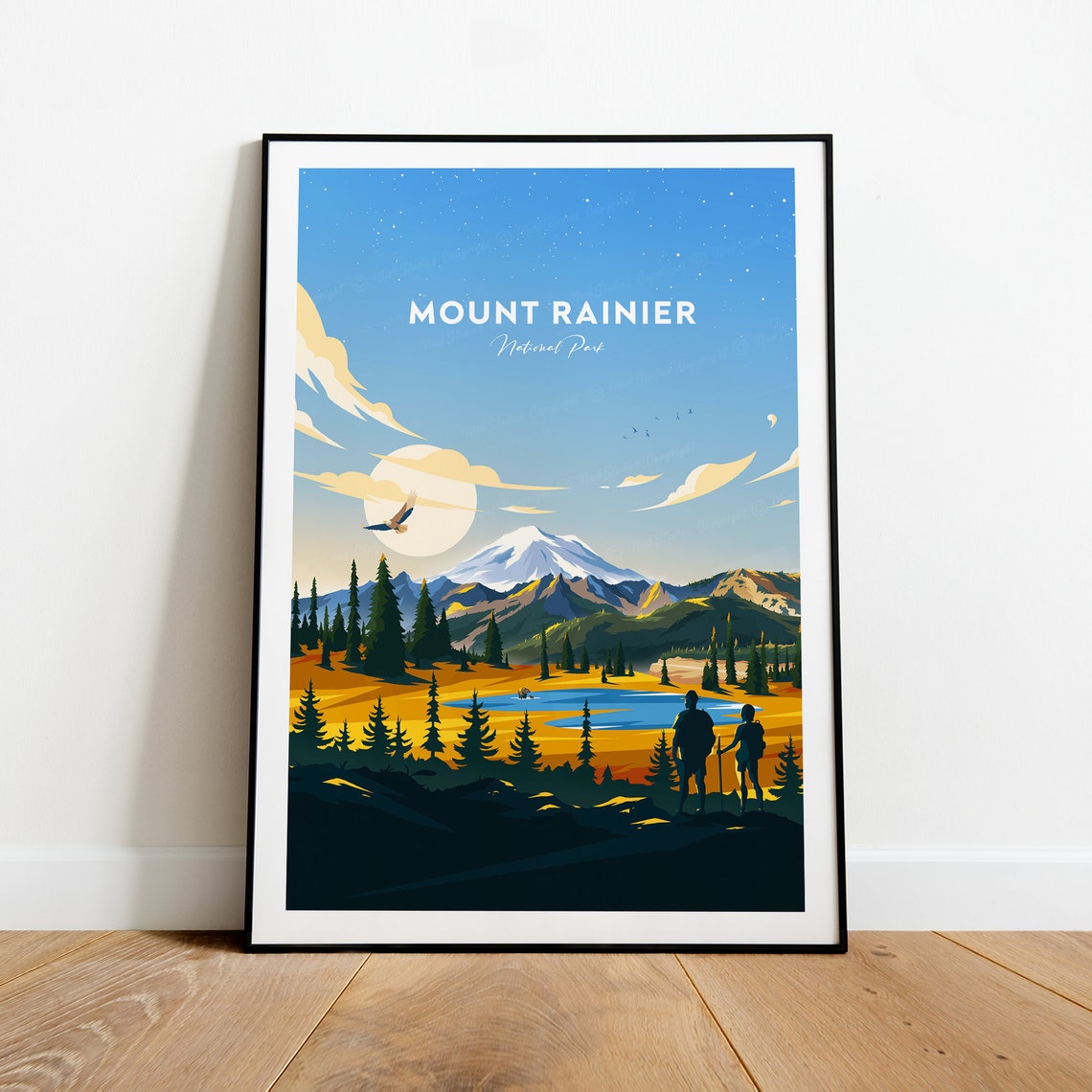 Mount Rainier National Park Sunset Hikers Alpine Lake Poster