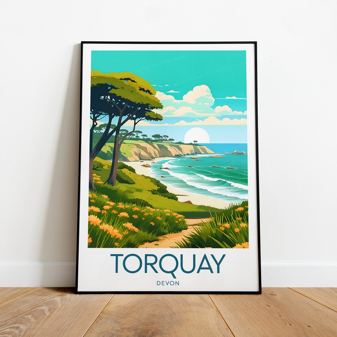 Torquay Devon Coastal Cliffs Wildflowers Vintage Travel Poster