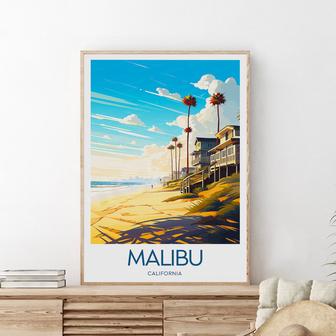 Malibu California Beach Houses Palm Trees Sunset Coast View Poster - Image 2