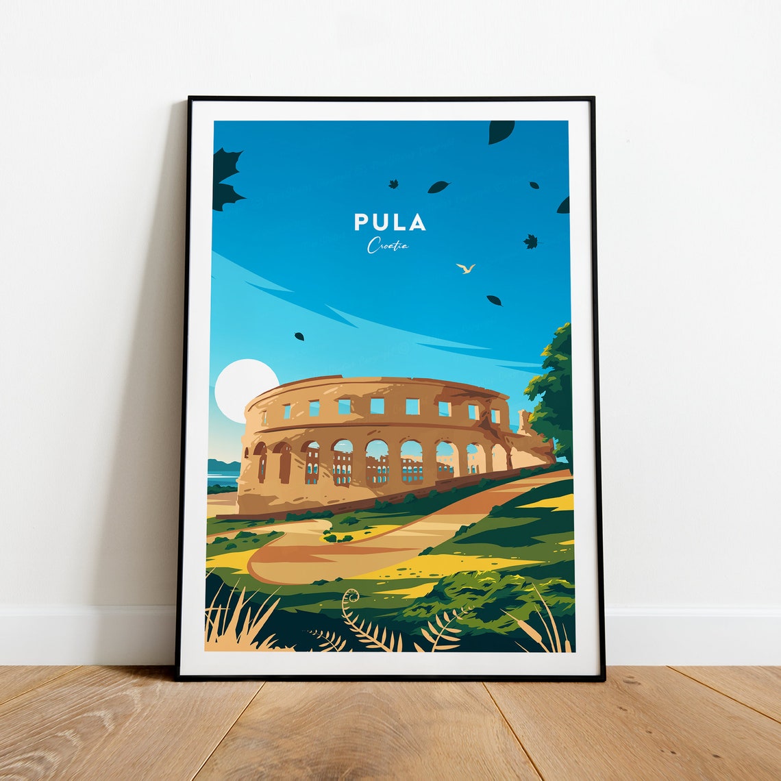 Pula Croatia Roman Amphitheatre Moonlight Vintage Travel Poster