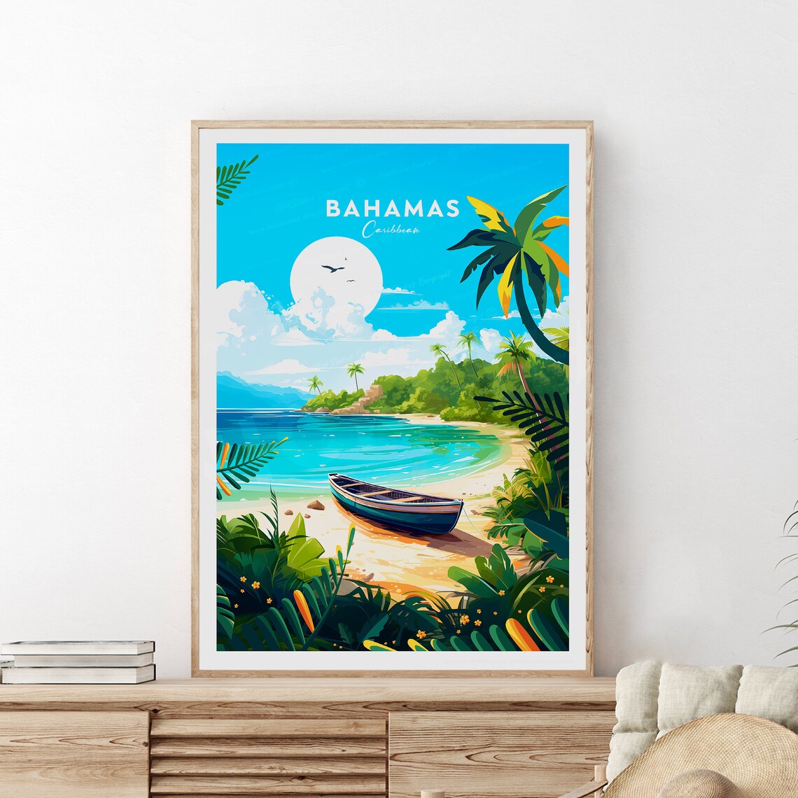 Bahamas Caribbean Tropical Cove Boat Beach Palm Trees Travel Poster
