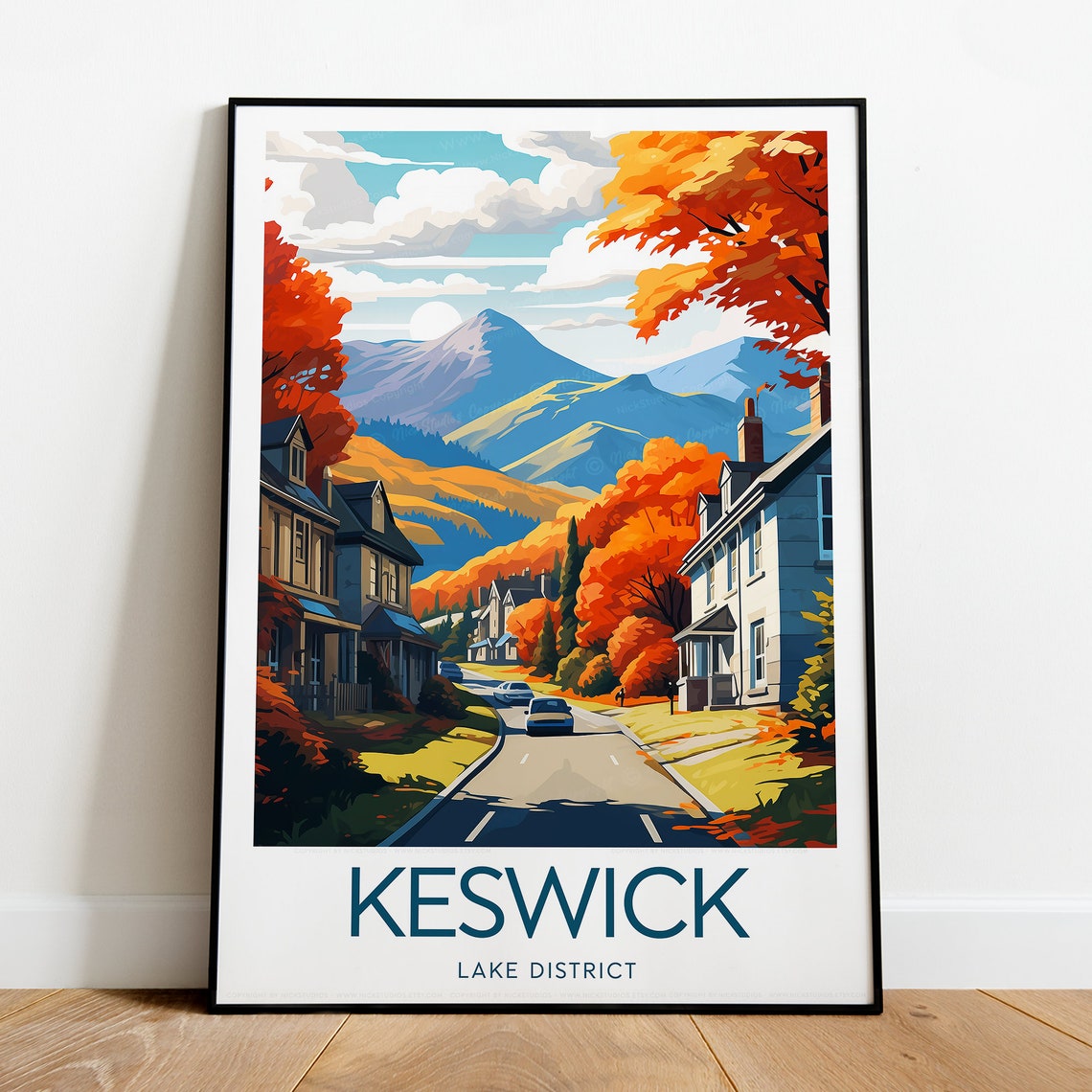 Keswick England Charming Street in Vibrant Fall Foliage Poster - Image 2