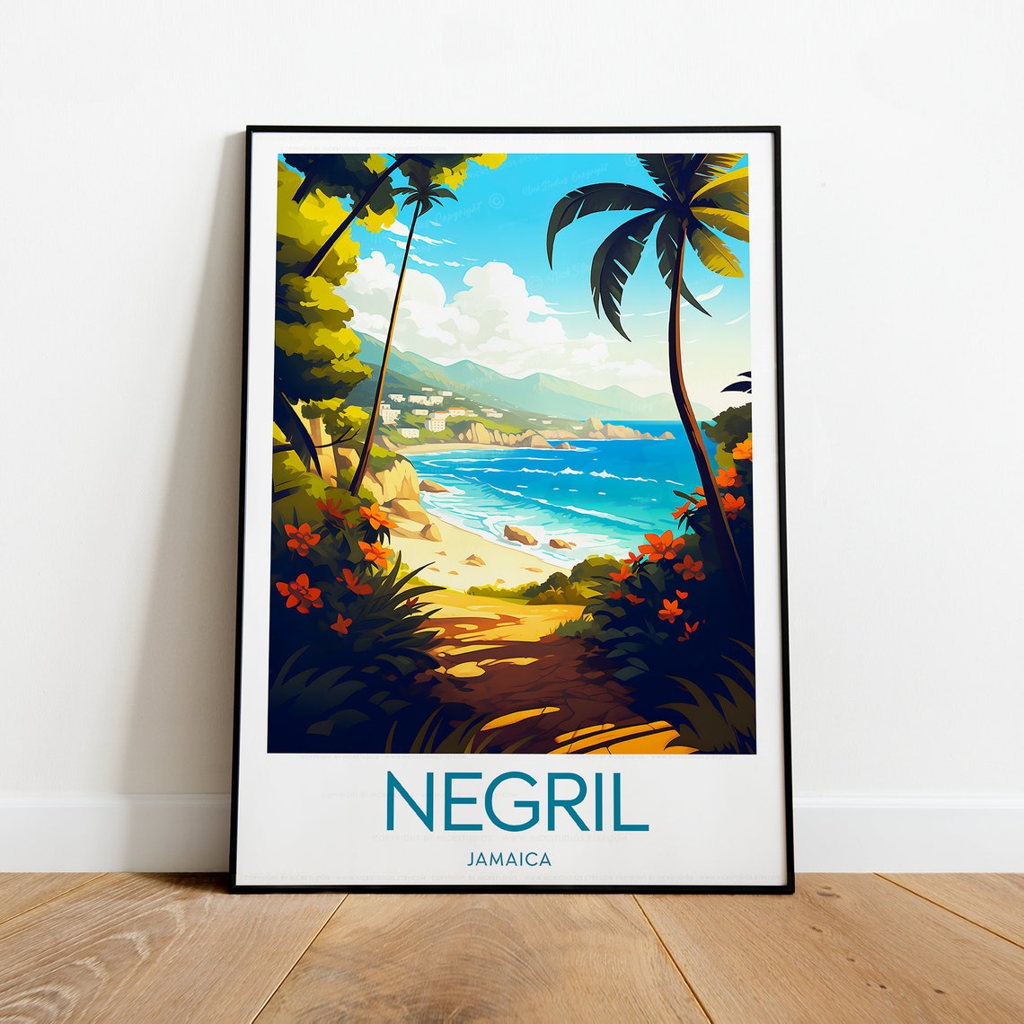 Negril Jamaica Tropical Beach Palm Trees Sunset Travel Poster