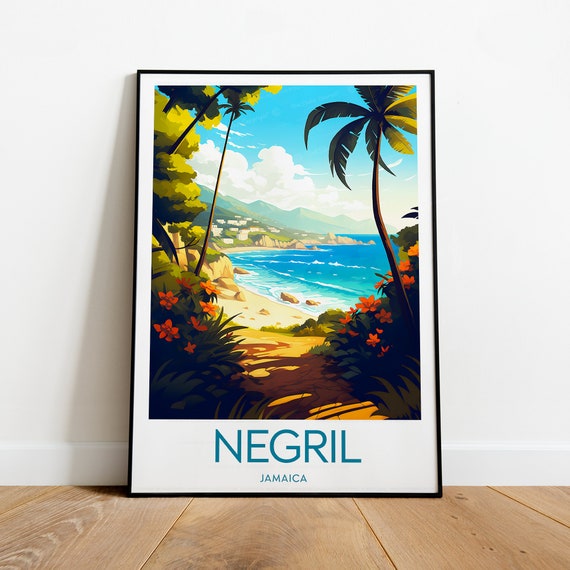 Negril Jamaica Tropical Beach Palm Trees Sunset Travel Poster
