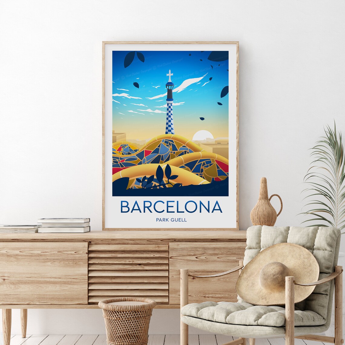 Barcelona Park Guell Gaudi Mosaic Sunrise Tower Art Scene Poster