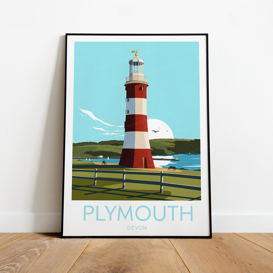 Plymouth Devon Smeaton Tower Lighthouse Coastal View Travel Poster