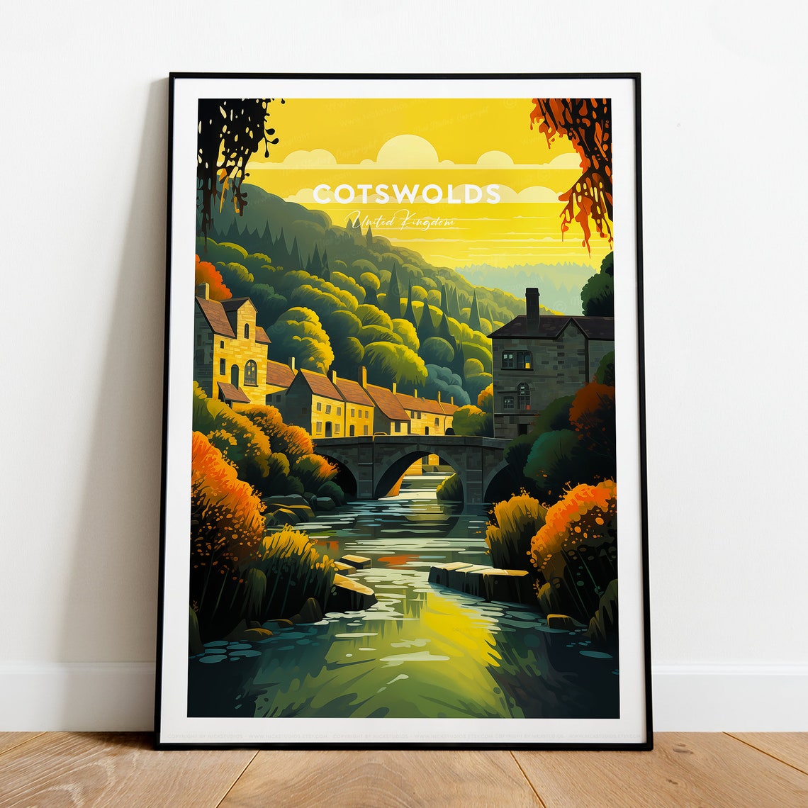 Cotswolds England Golden Village Riverside Stone Bridge Travel Poster - Image 2