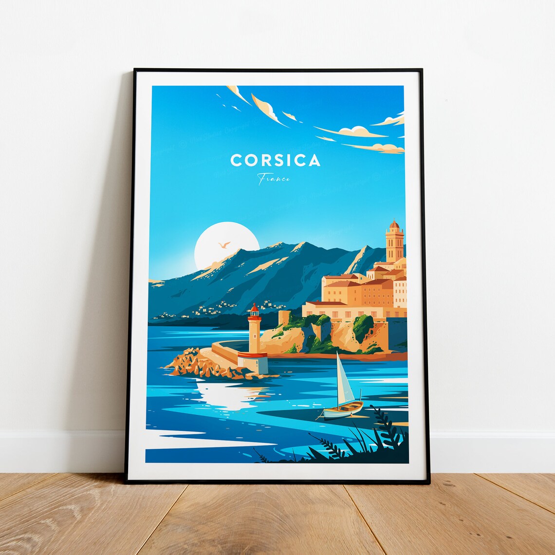 Corsica France Harbor Lighthouse Sailboat Mediterranean Travel Poster