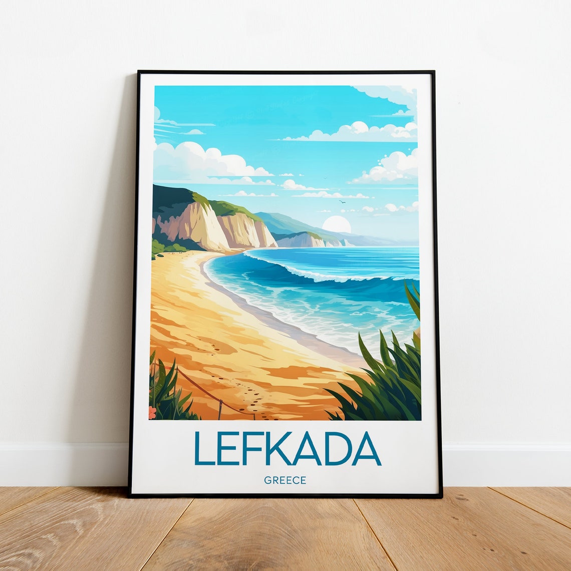 Lefkada Greece White Cliffs Sandy Beach Turquoise Sea Travel Poster