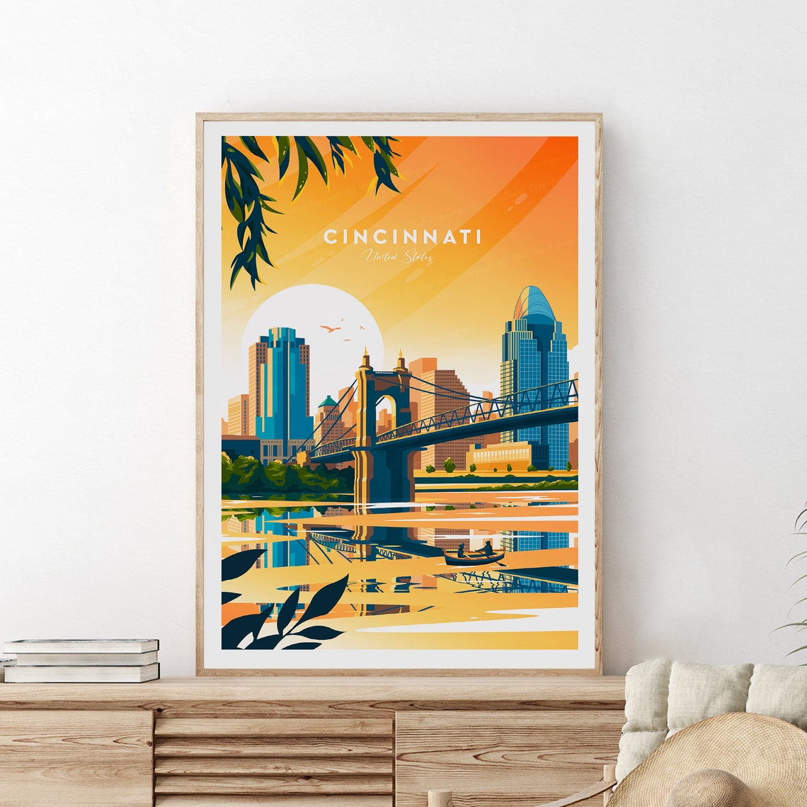 Cincinnati Ohio Evening Skyline With River Bridge Reflections Poster