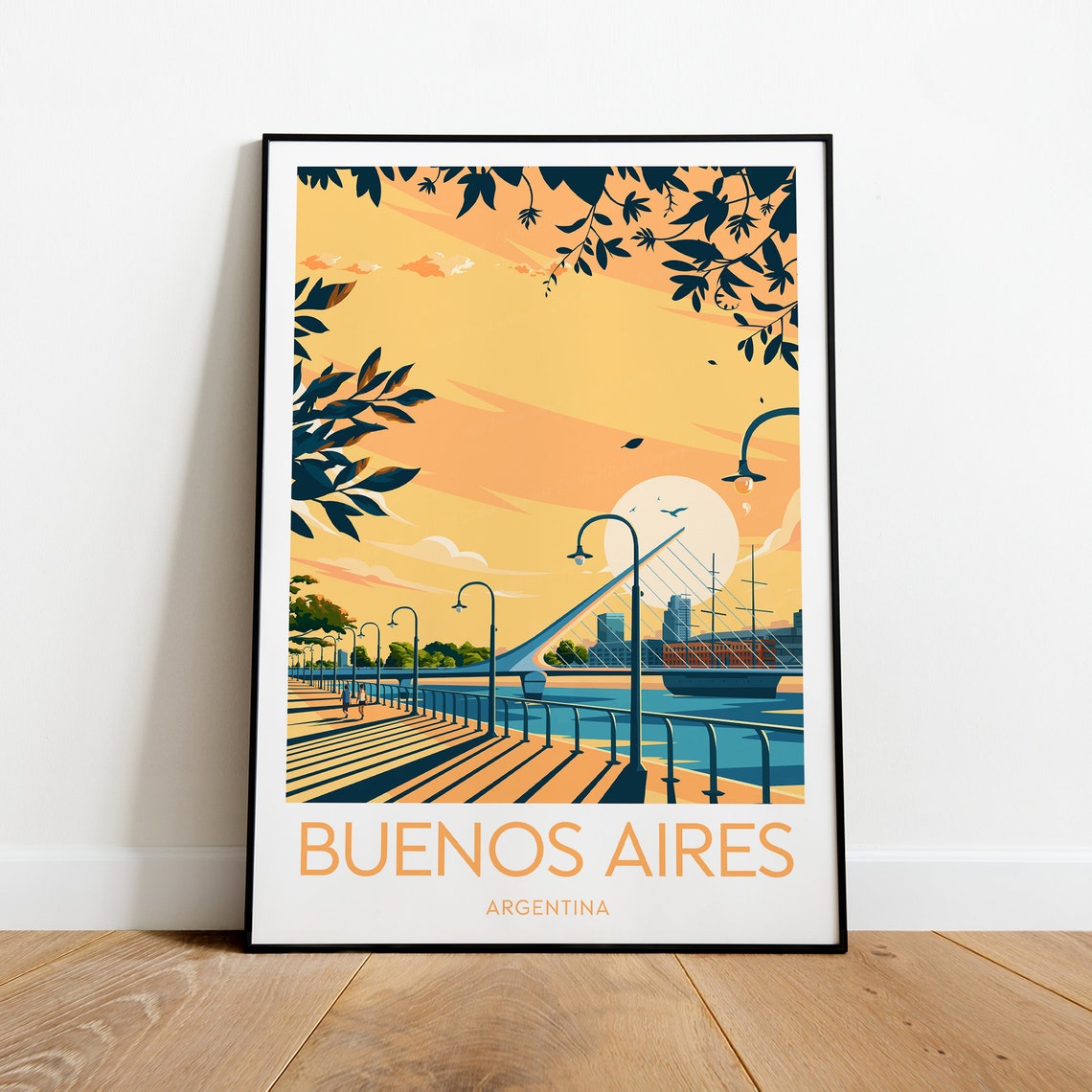 Buenos Aires Argentina Waterfront Sunset Bridge Skyline Travel Poster - Image 2