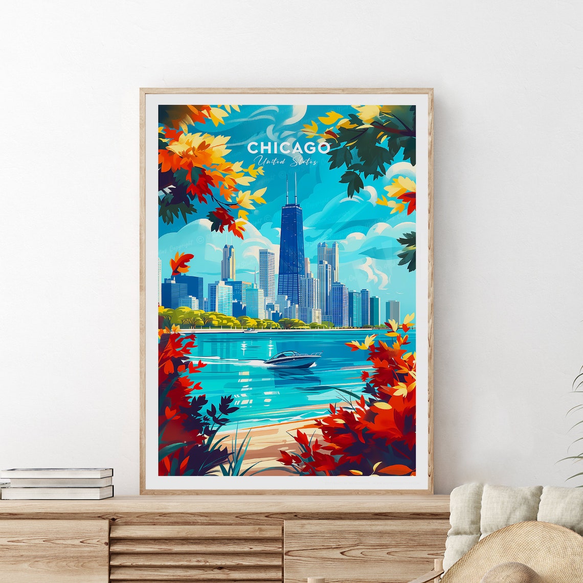 Chicago United States Skyline Fall Foliage Waterfront Travel Poster