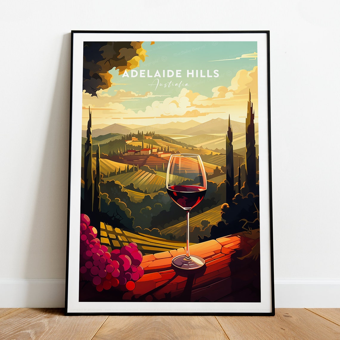 Adelaide Hills Australia Vineyard Sunset Wine Glass Travel Poster