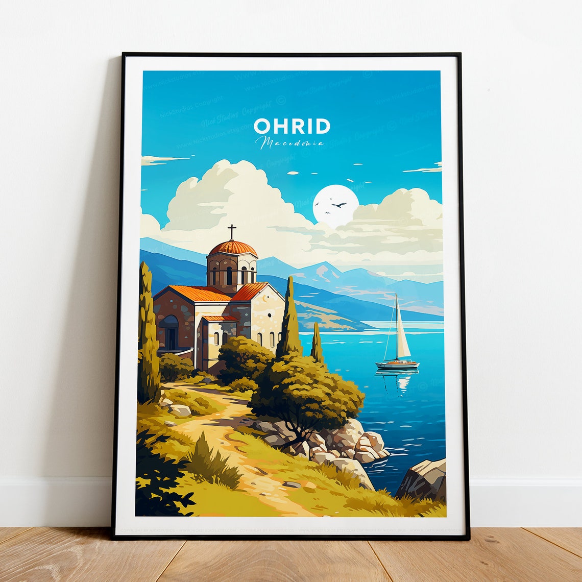 Ohrid Macedonia Lakeside Church Sailboat Mountain View Poster