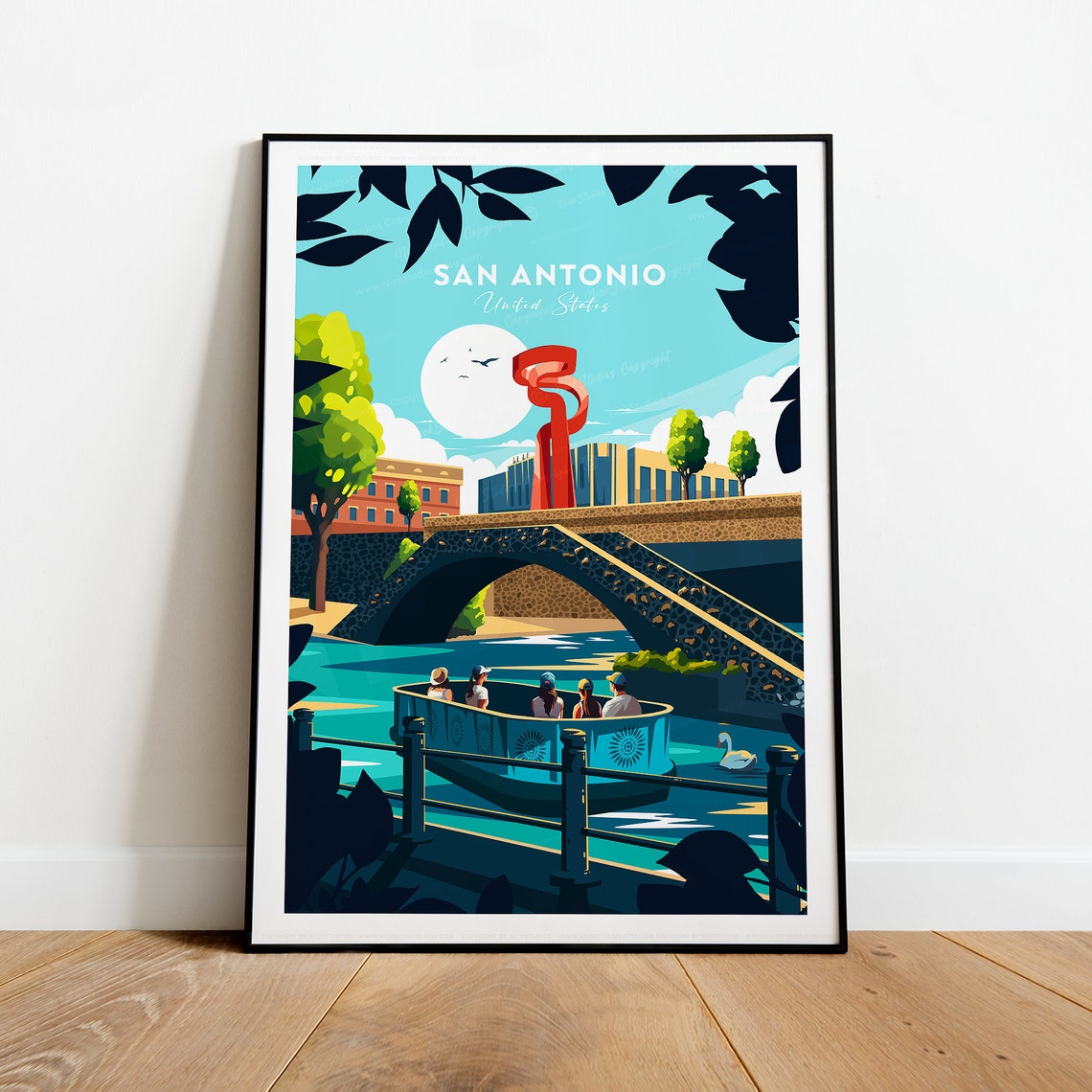 San Antonio Texas River Walk Stone Bridge Boat Ride Travel Poster - Image 2