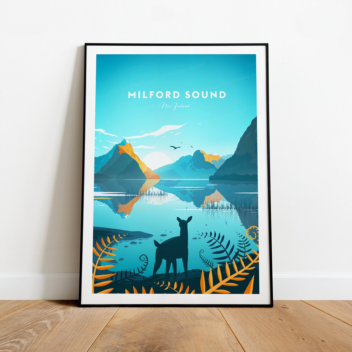 Milford Sound New Zealand Fjord Mountains And Deer At Dawn Poster - Image 2
