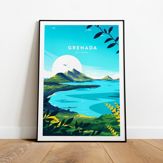 Grenada Caribbean Vintage Travel Landscape Island Sunset Poster