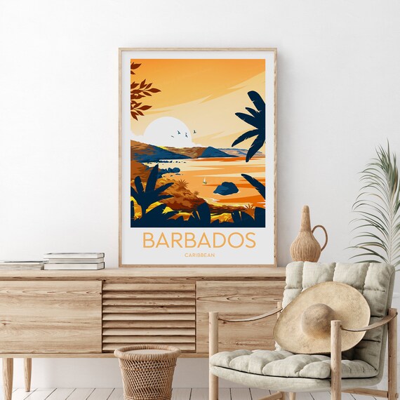 Barbados Caribbean Sunset Bay Palms Sailboat Beach Travel Poster