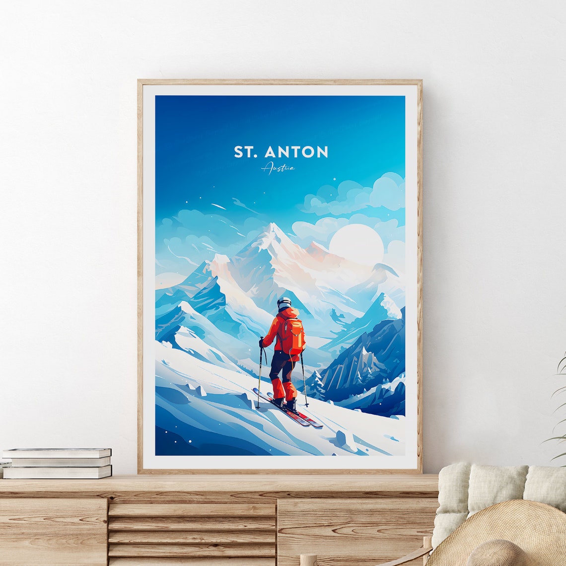 St Anton Austria Skier Looking Above Snowy Alpine Peaks Poster - Image 2