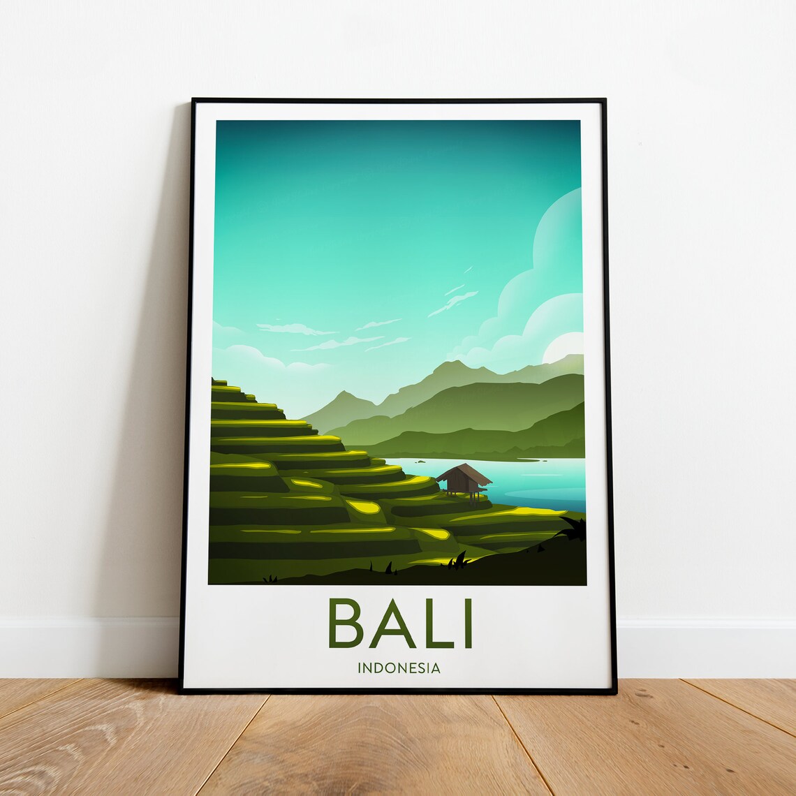 Bali Indonesia Lush Rice Terraces and Lake Hut Travel Poster - Image 2