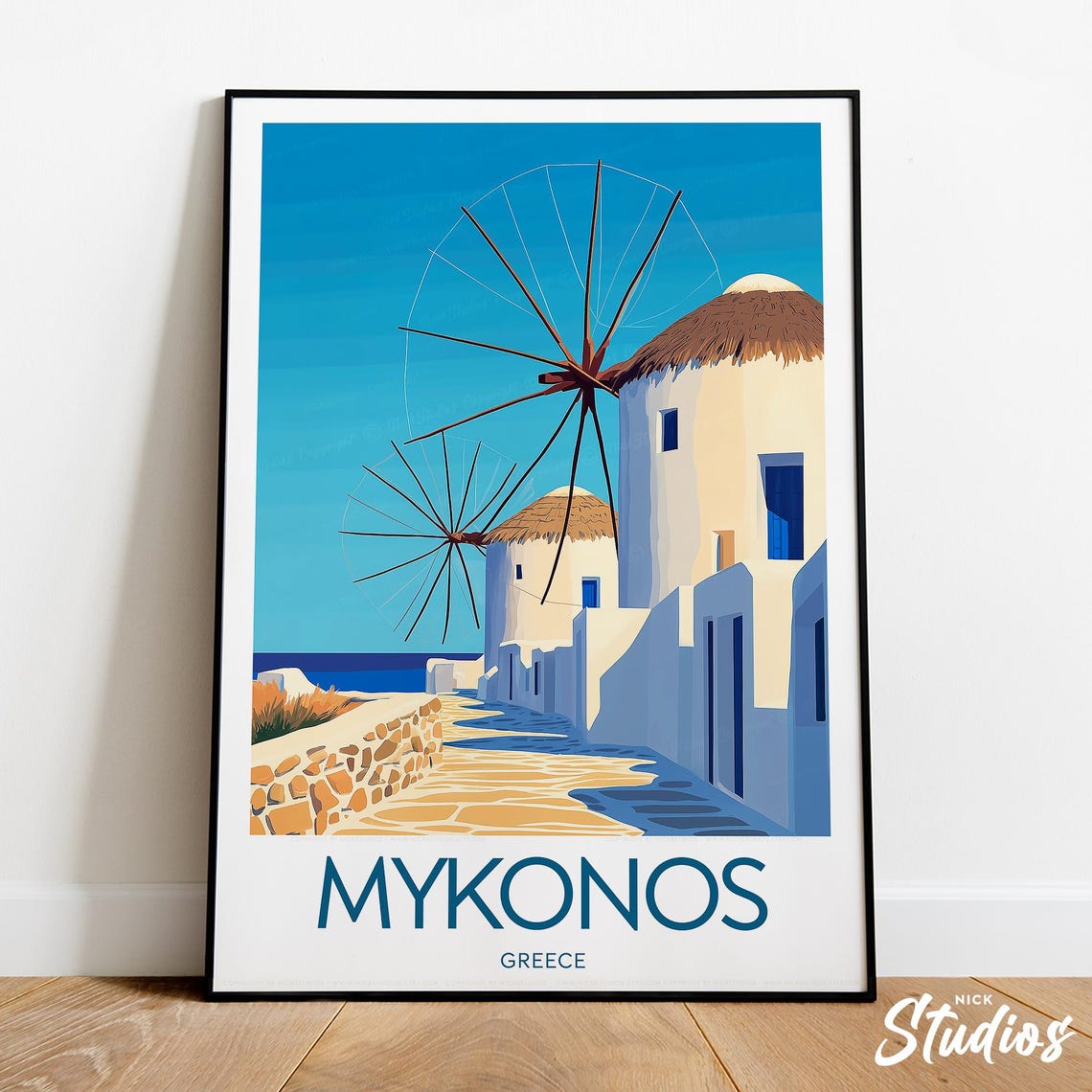 Mykonos Greece Windmills Blue Sky White Village Travel Poster