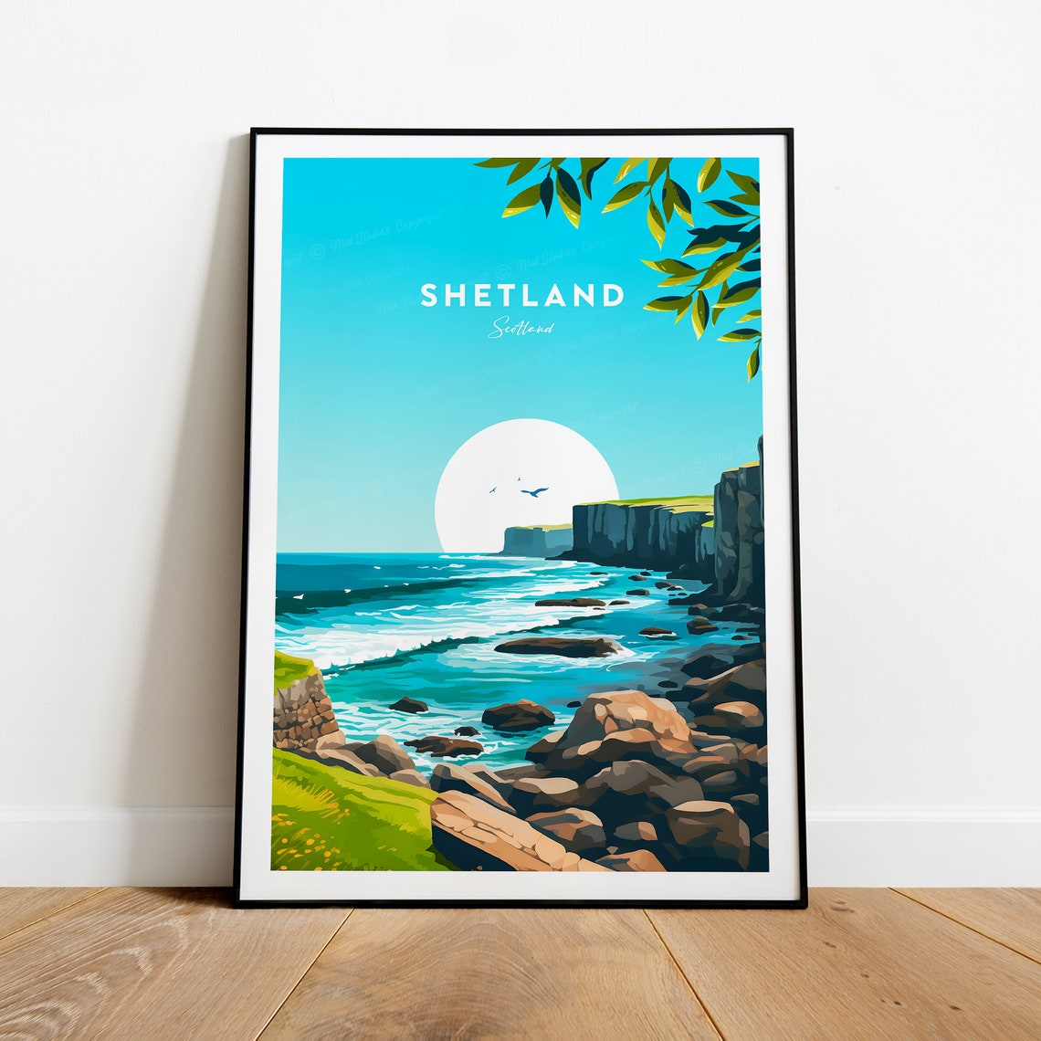 Shetland Scotland Sea Cliffs Rocky Shore Waves Sunset View Poster