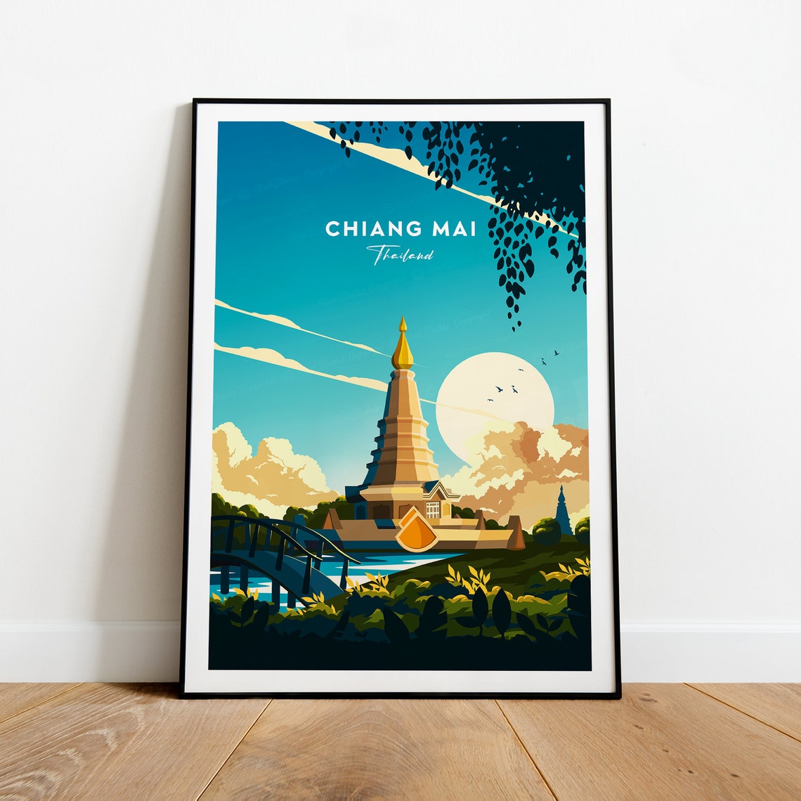 Chiang Mai Thailand Golden Temple Stupa Moonlit Garden Travel Poster