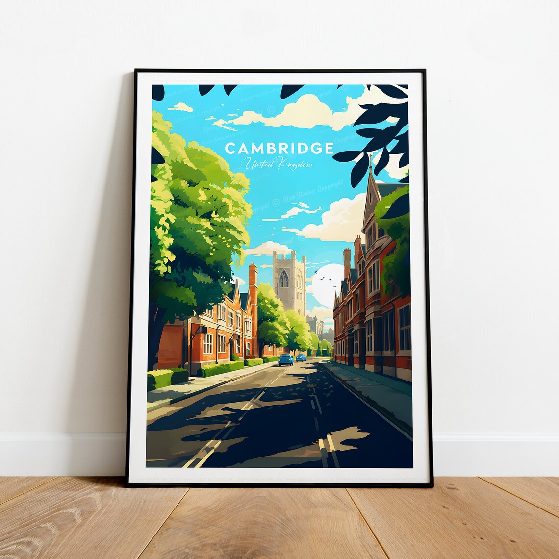 Cambridge United Kingdom Historic College Street Scene Travel Poster