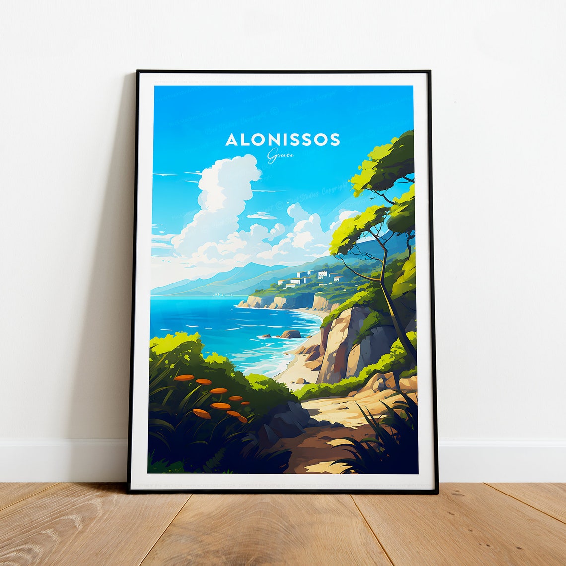Alonissos Greece Cliffside Cove In-Image Caption Travel Poster
