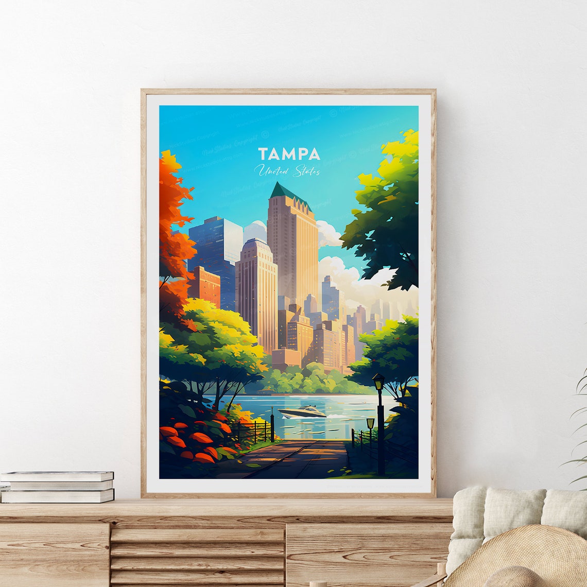 Tampa Florida Skyline River Boat Lush Green Riverbank Poster