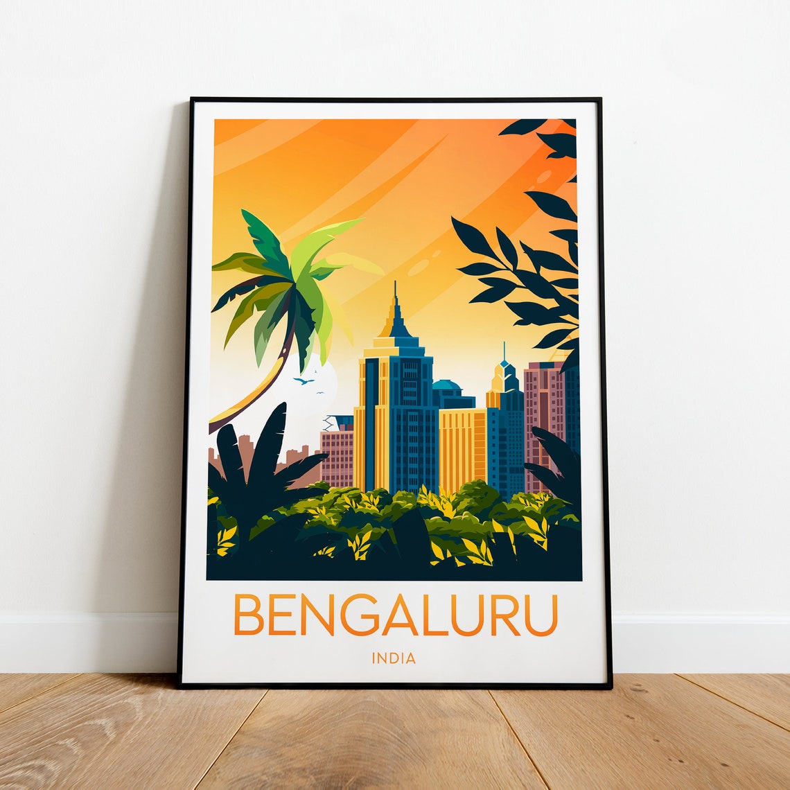Bengaluru Sunset Skyline Palms and Towers India City Travel Poster