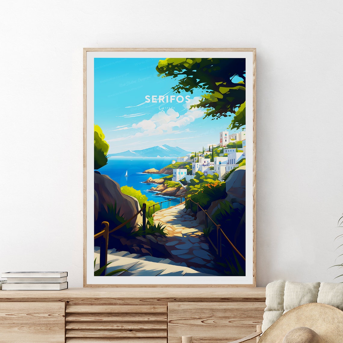 Serifos Greece Island Coastal Walkway Sunset Scene Vintage Poster