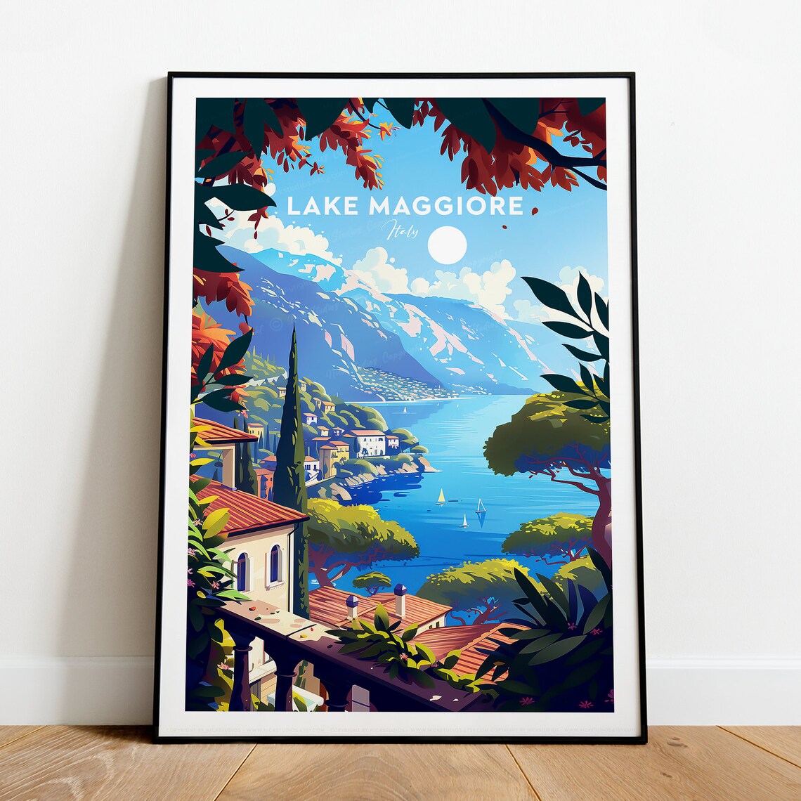 Lake Maggiore Italy Terrace View Lakeside Town Travel Poster