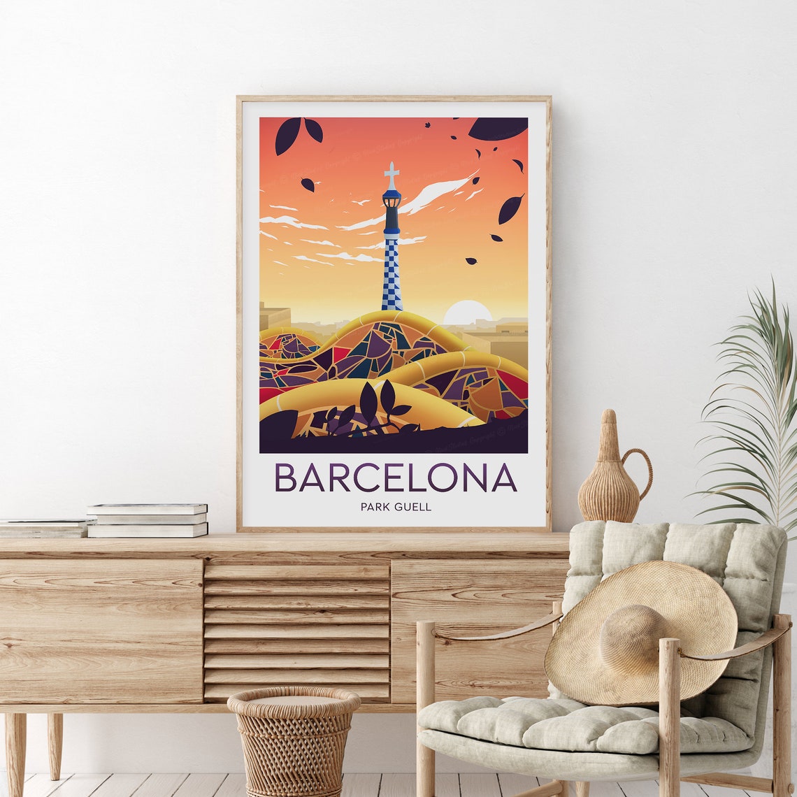 Barcelona Spain Park Guell Gaudi Mosaic Sunset Travel Poster - Image 2
