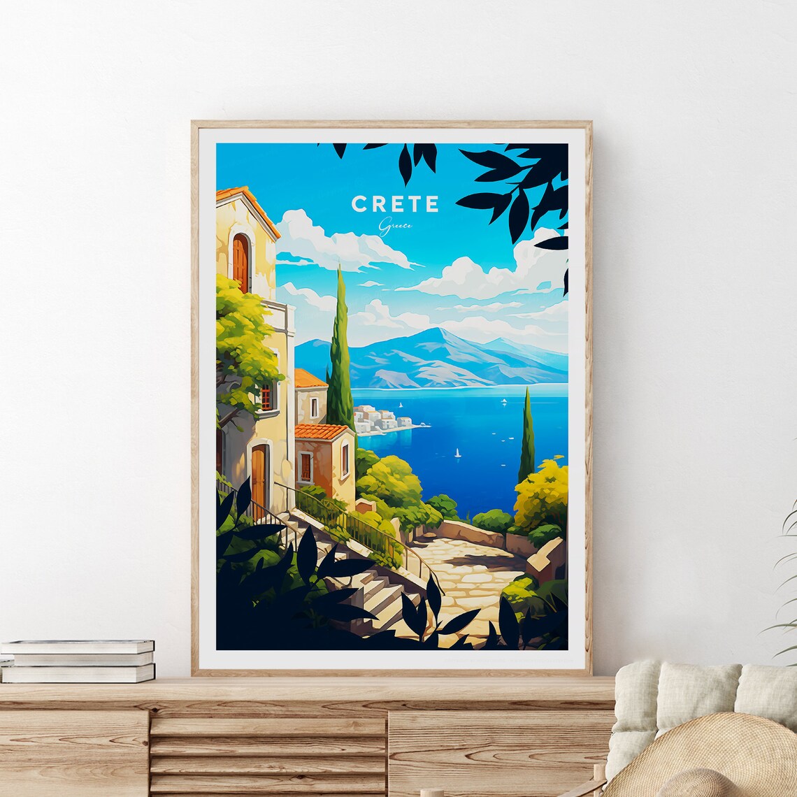 Crete Greece Coastal Town Cypress Azure Sea Sunny Travel Poster