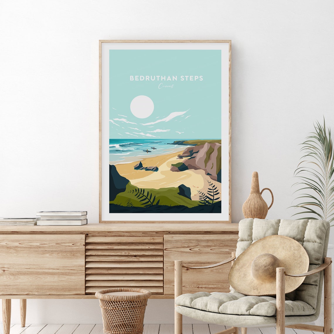 Bedruthan Steps Cornwall Cliffs Sandy Cove Coastal Travel Poster