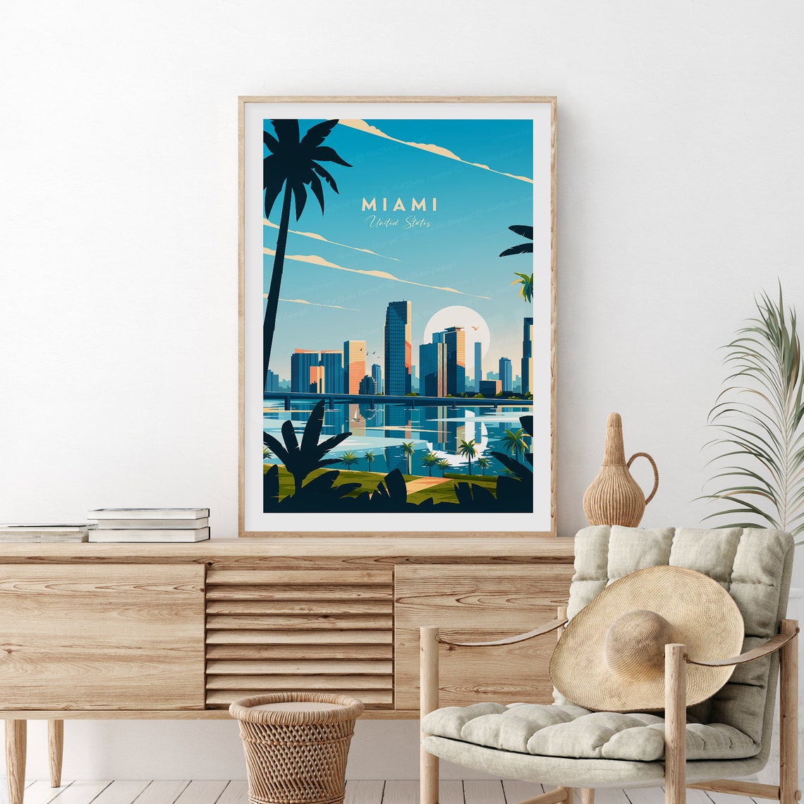 Miami Florida Skyline Across the Water With Palm Trees Poster