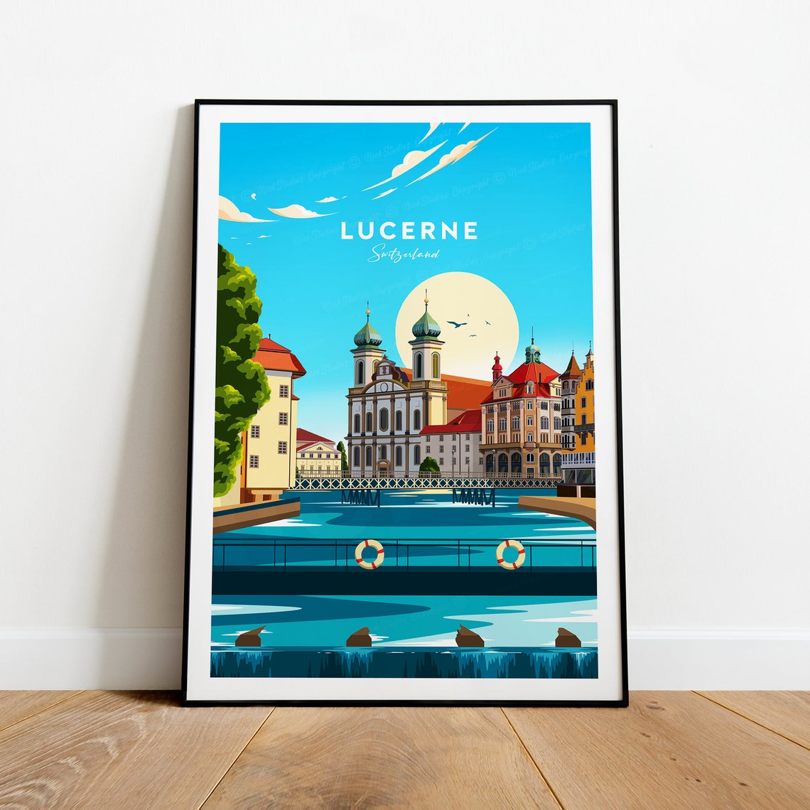 Lucerne Switzerland Jesuit Church Riverside Old Town Scene Poster