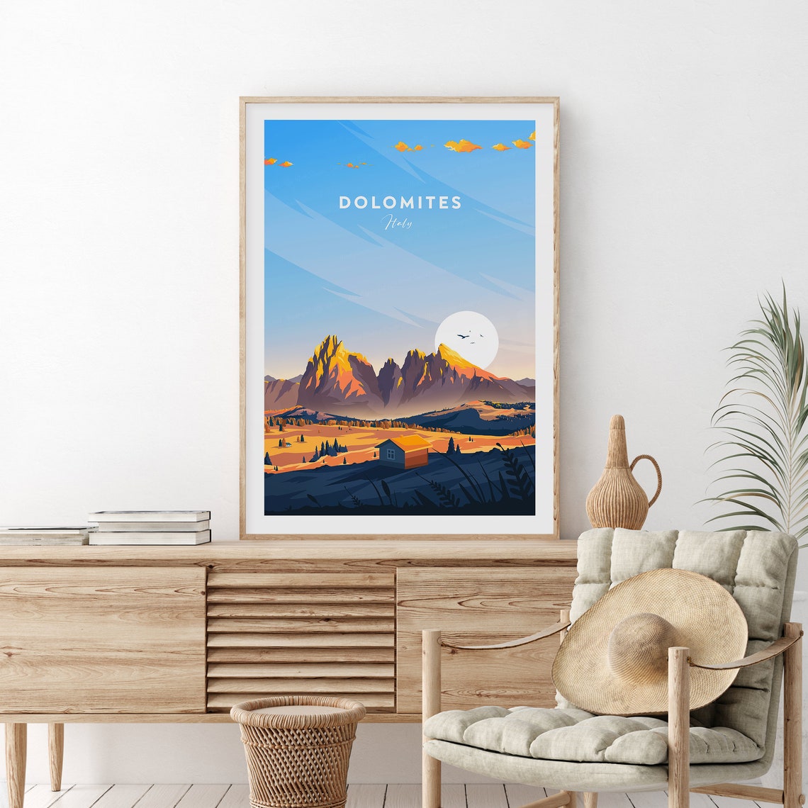 Dolomites Italy Jagged Peaks Mountain Cabin Alpine Glow Travel Poster