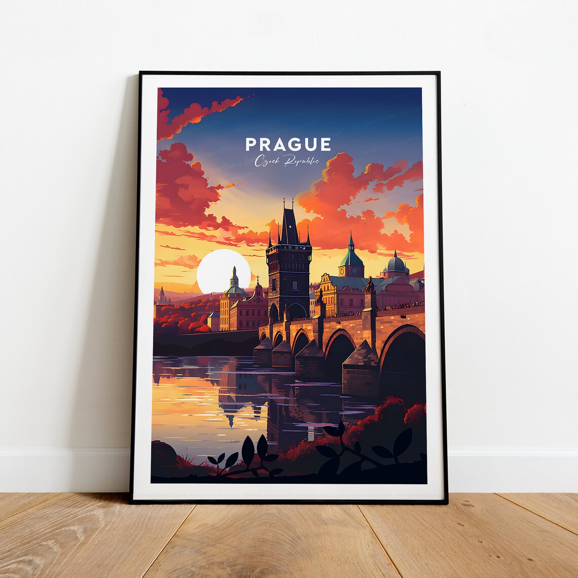 Prague Czech Republic Charles Bridge Fiery Sunset Travel Poster