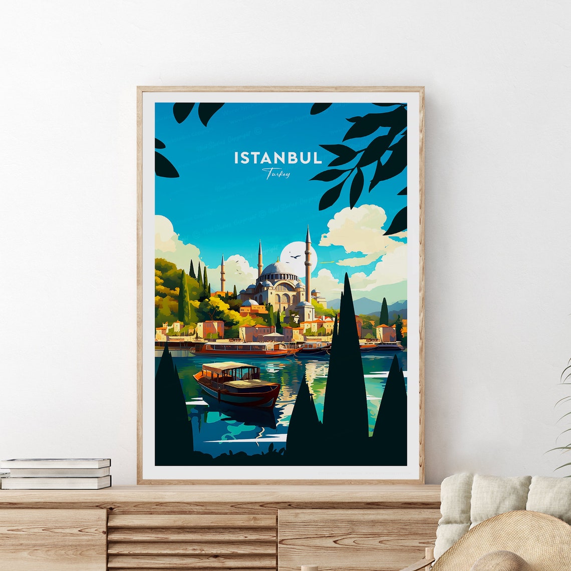 Istanbul Turkey Mosque Waterfront Sunset Vintage Travel Poster