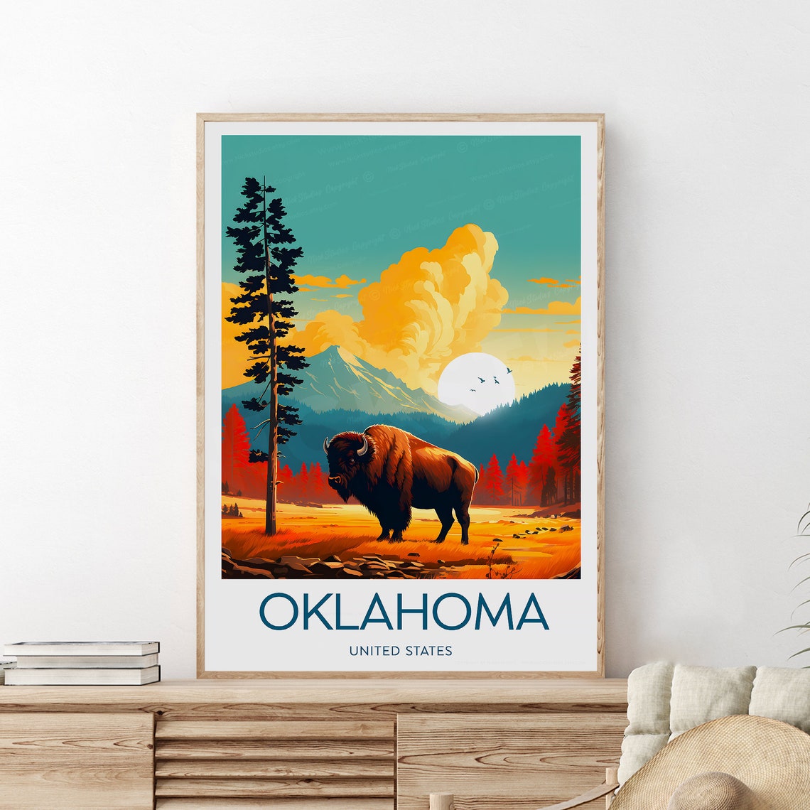 Oklahoma Bison on Golden Prairie at Glowing Sunset Travel Poster - Image 2