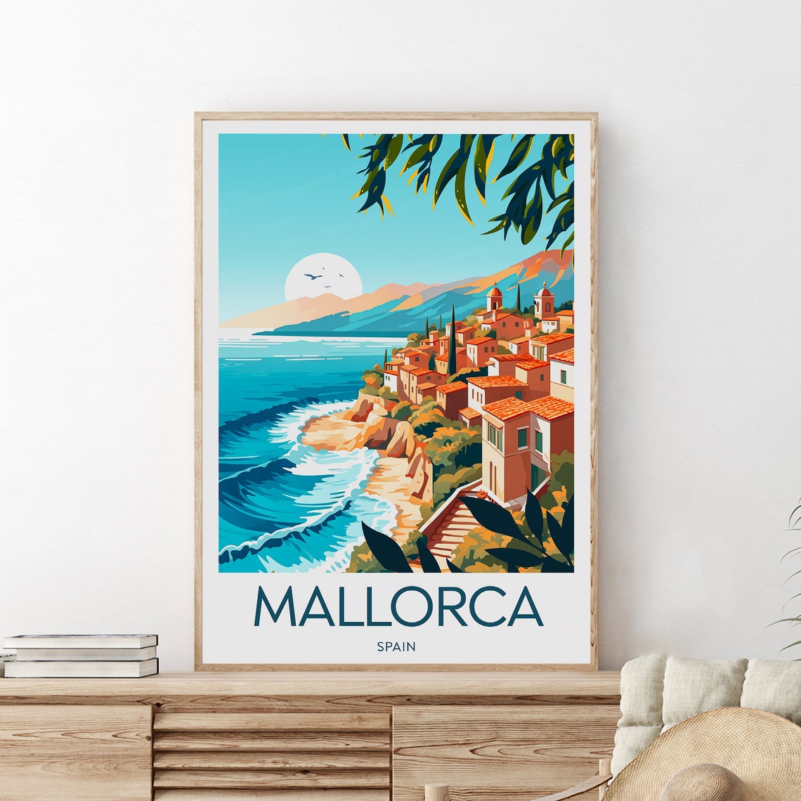 Mallorca Spain Seaside Village on Cliffs Vintage Travel Poster