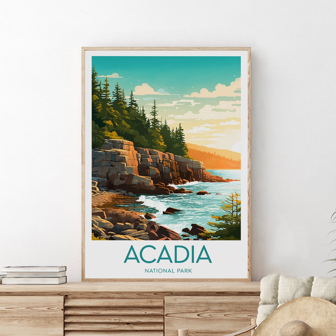 Acadia National Park Rocky Coast Pines Crashing Waves Poster