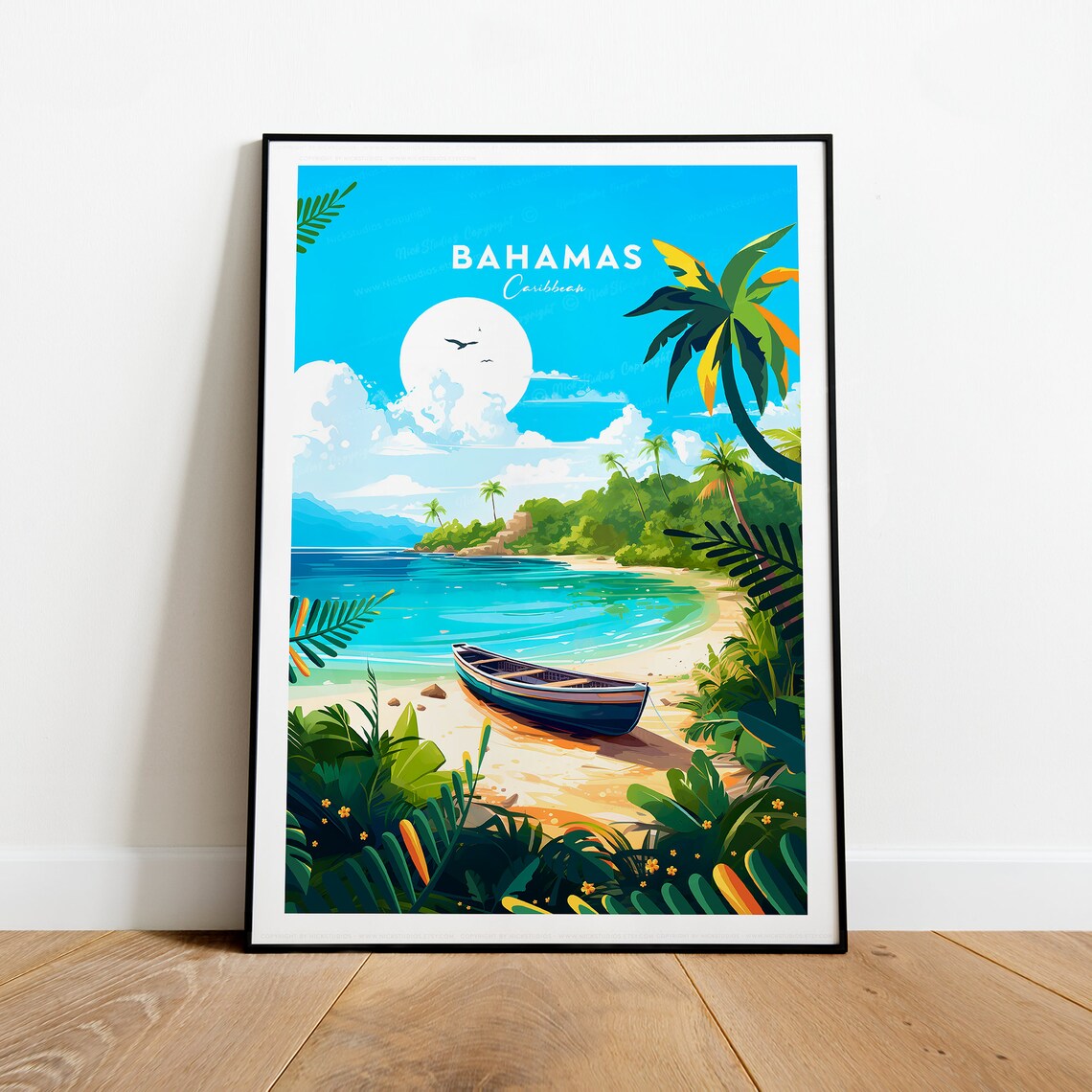 Bahamas Caribbean Tropical Cove Boat Beach Palm Trees Travel Poster - Image 3