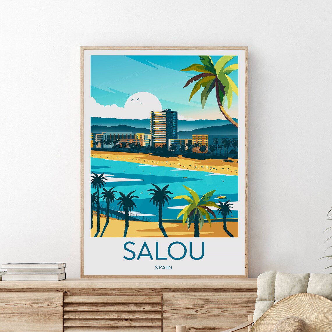 Salou Spain Palm Beach Coast Sunset City Skyline Travel Poster