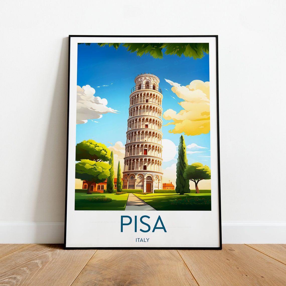 Pisa Italy Leaning Tower Tuscan Garden Sunny Day Travel Poster - Image 2