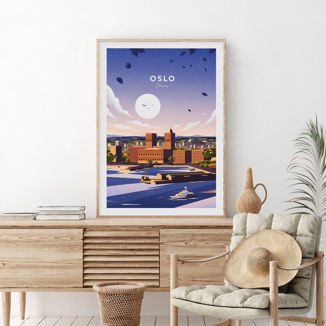 Oslo Norway Moonlit Harbour City Hall Scandinavian Travel Poster - Image 2