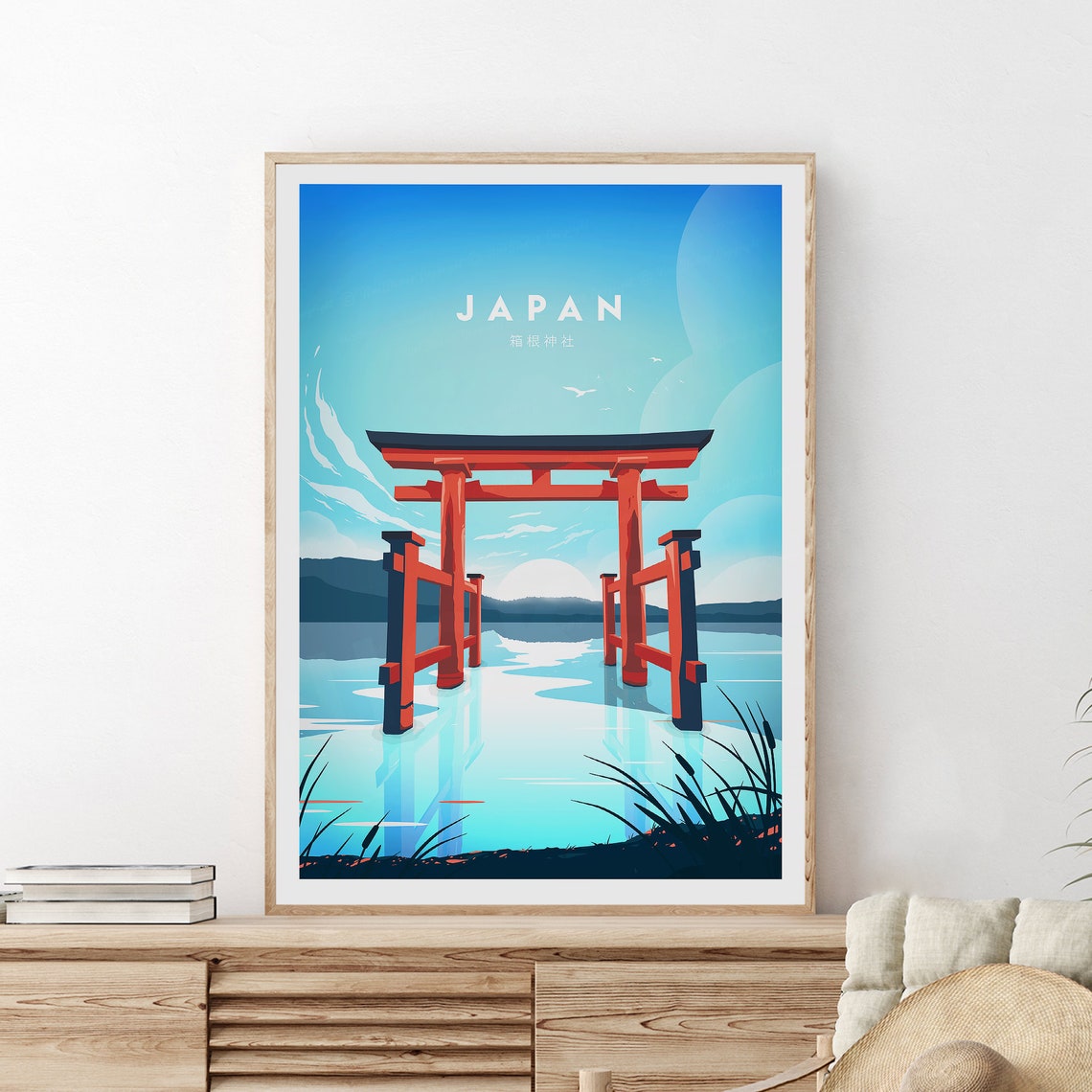 Japan Hakone Shrine Torii Gate Sunrise Over Water Travel Poster - Image 2